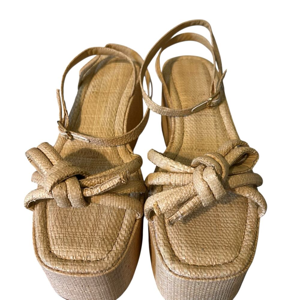 Raffia Platform Sandals SZ 10 Women Bow Ankle Strappy Espadrille Wedges Open Toe